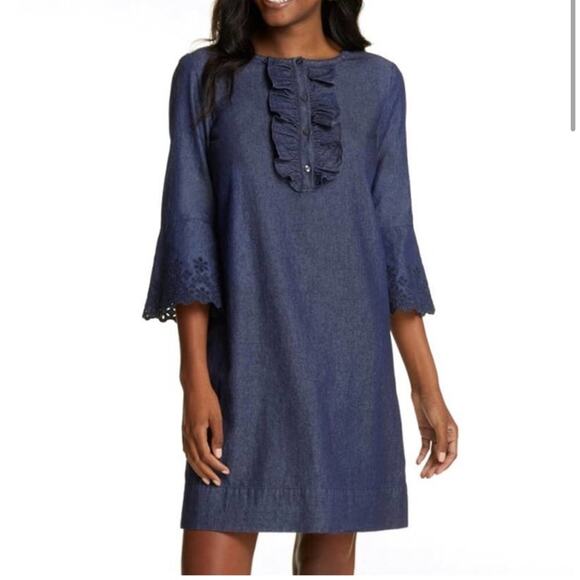 Draper James chambray denim blue ruffle front eyelet sleeve shift dress size 10 - Picture 1 of 15